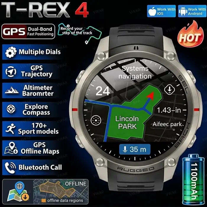 Nouvelle Montre Connectée Vwar T-Rex4 avec GPS, Suivi Fitness et 170 Modes Sportifs pour Hommes Occasions Spéciales