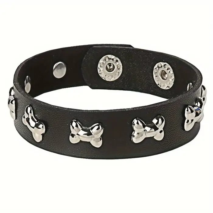 Bracelet en cuir PU noir d'inspiration punk avec breloques en os de chien – Parfait pour un usage qu