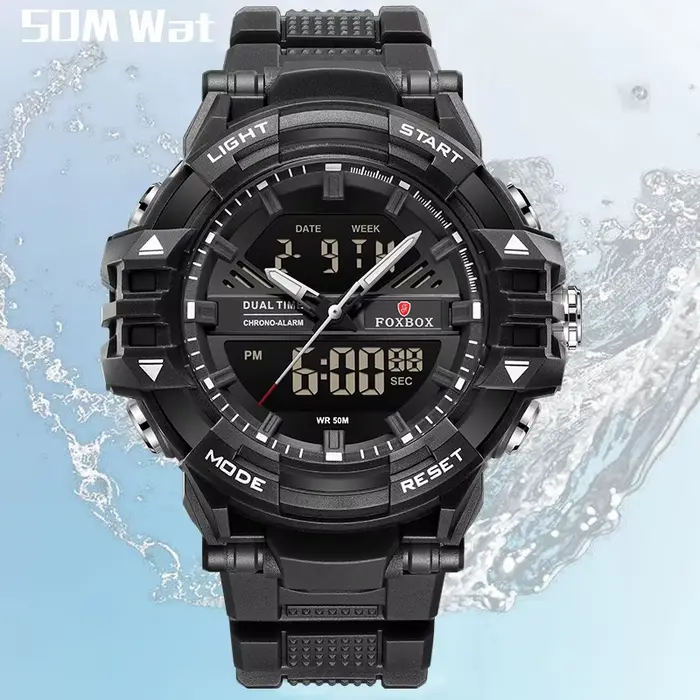Montre électronique extérieure homme mode sport décontracté affichage double heure en silicone étanche 5 bars alarme chronographe