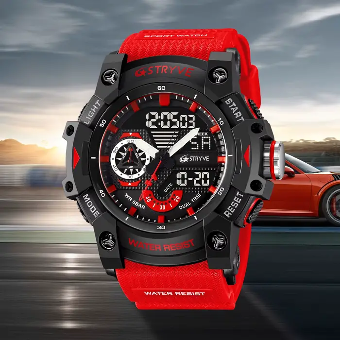 Montre STRYVE 8029 pour Hommes, Analogique-Digital, Chronomètre, Lumineuse, Résistante à l'Eau, Occasions Sportives et Aventureuses