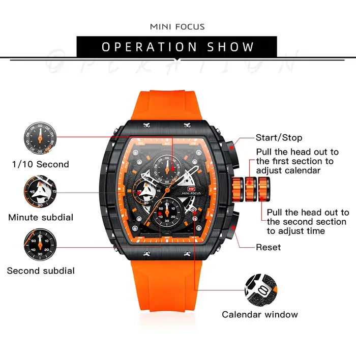 MINI FOCUS chronographe montre à Quartz pour hommes cadran Tonneau montre-bracelet de Sport militaire mâle avec bracelet en Silicone Orange Date automatique