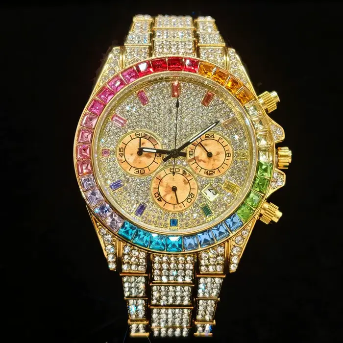 2025 Top montre de luxe pour hommes mode glace diamant Hip Hop arc-en-ciel diamant multifonction hom