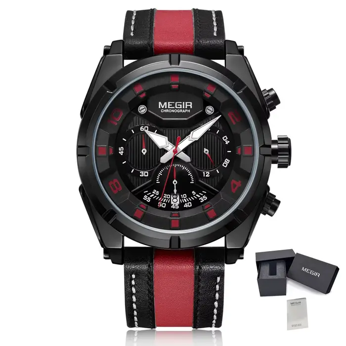 Montre Chronographe Sport Homme MEGIR, Montre-Bracelet à Quartz, Horloge Tendance en Cuir, Montres M