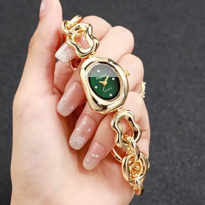 Montre à quartz pour femmes élégante cadran vert bracelet chaîne dorée occasion spéciale femmes