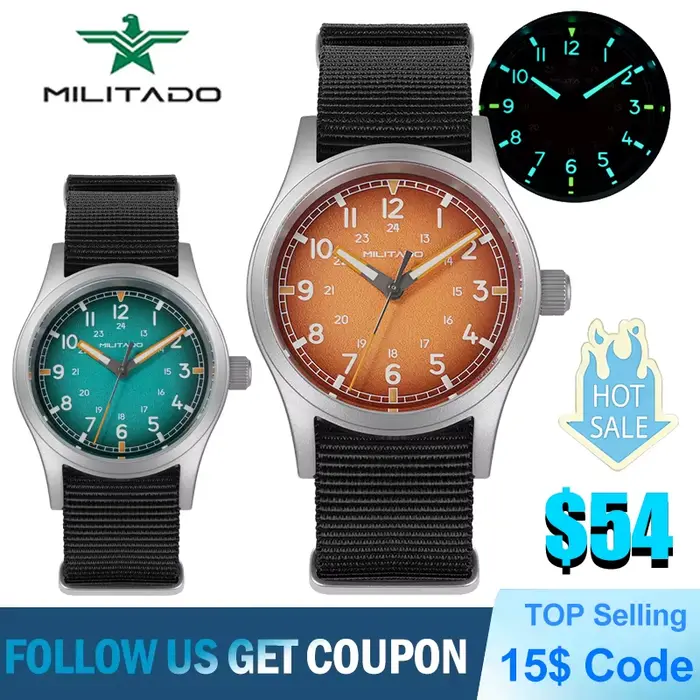 Montre Militado ML24 Nouveau Mouvement Quartz à Balayage VH31 Saphir Lumineuse Occasions Spéciales Robuste Vintage