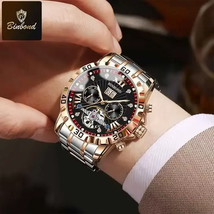 BINBOND mode montre mécanique automatique pour hommes de luxe Tourbillon squelette montre-bracelet en acier inoxydable