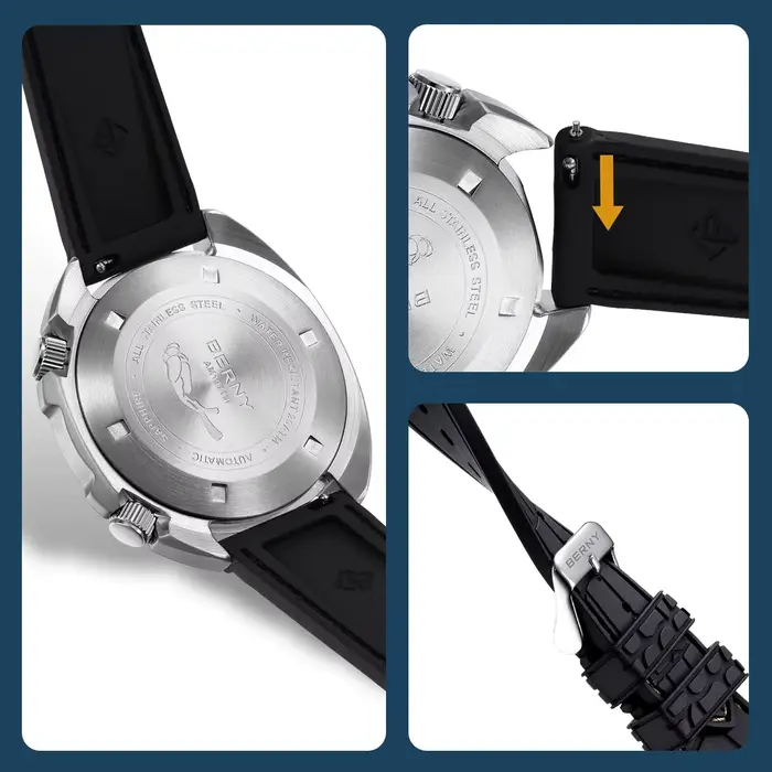 Montre de plongée BERNY AM1970M avec double couronne anti-collision, résistance à l'eau 20ATM, mouvement automatique Miyota 8215, bracelet fluoroélastomère, verre saphir super lumineux pour homme occasions spéciales
