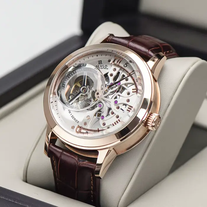 OBLVLO Luxe Rétro Casual Hommes Squelette Automatique Montres Mécanique Bracelet En Cuir De Veau Cristal Minéral Verre Étanche Cadran 45 VM