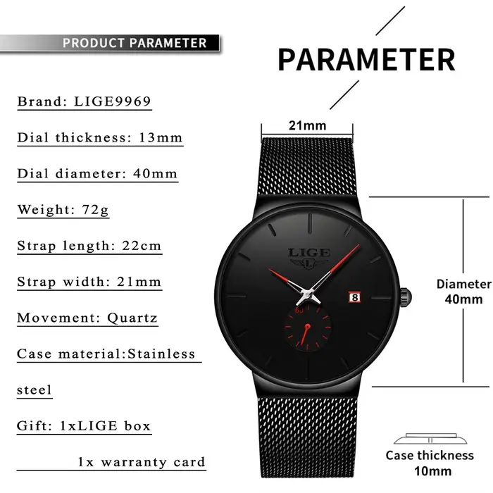 LIGE Quartz horloge sport hommes montre haut de gamme de luxe célèbre robe montres de mode mâle unisexe Ultra mince montre-bracelet Para Hombre
