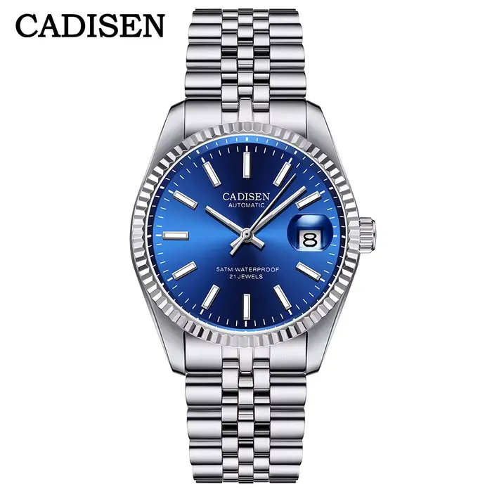 Montre mécanique pour homme Cadisen avec affichage lumineux en acier, verre saphir bleu étanche, mou