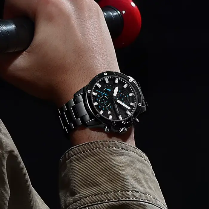 Montre-bracelet étanche CRRJU avec chronographe lumineux et calendrier complet pour homme style fashion et casual occasions spéciales