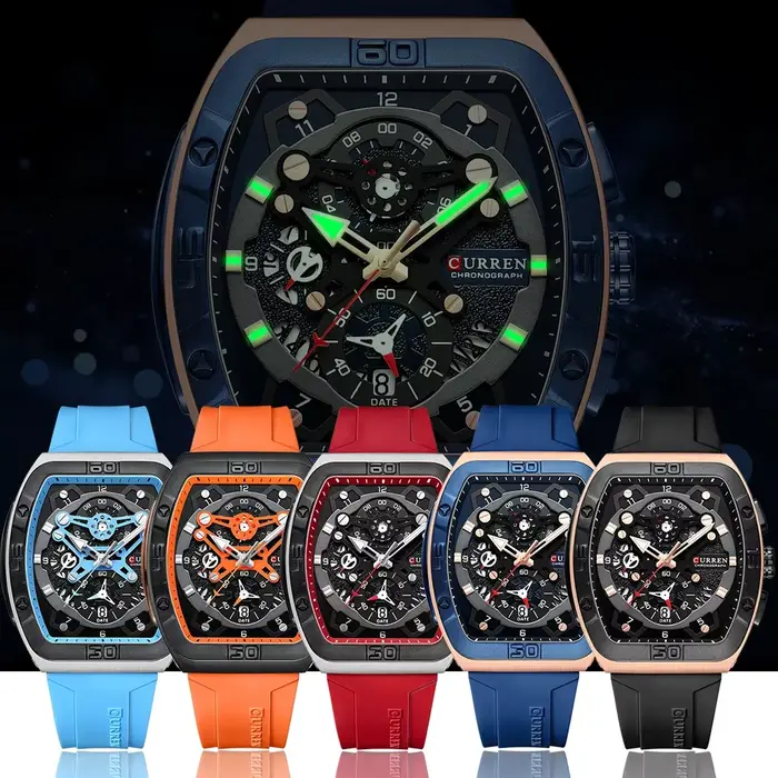 Montre chronographe Curren design de boîtier tonneau avec bracelet en silicone sport quartz rouge et noir pour homme occasions spéciales