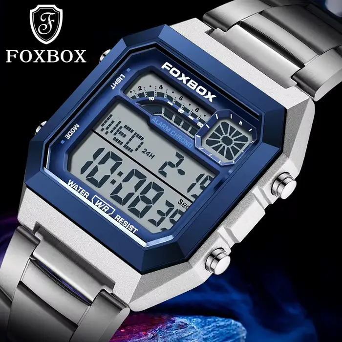 Montre FoxBox Carré Numérique Résistante à L'eau Homme Occasions Spéciales Affichage Lumineux Élégance Polyvalente Décontractée