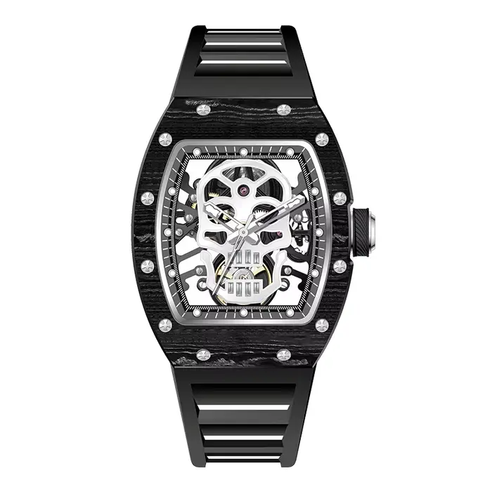 Montre automatique pour hommes, mouvement mécanique, Tonneau, étanche, avec bracelet en silicone, sp