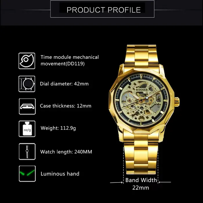 Montre automatique squelette doré pour hommes