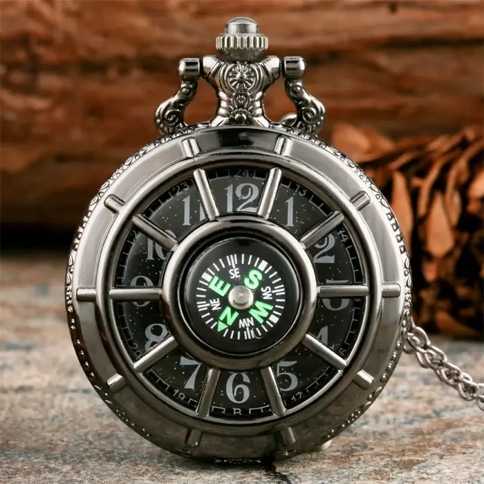 Montre de poche à Quartz Design boussole noire Vintage