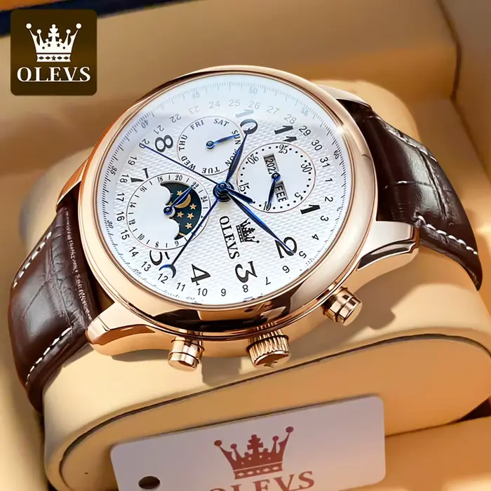 Montre OLEVS 6667 haute technologie pour hommes avec affichage de la phase de lune et de la semaine mode et casual occasions spéciales