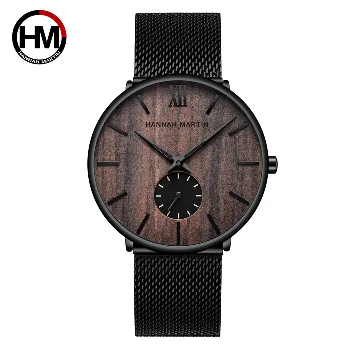 Montre-bracelet en acier inoxydable et bois pour homme, avec cadran en bois, résistance à l'eau 3ATM, mouvement à quartz, bracelet en maille, style fashion et casual, fermoir pliant sécurisé