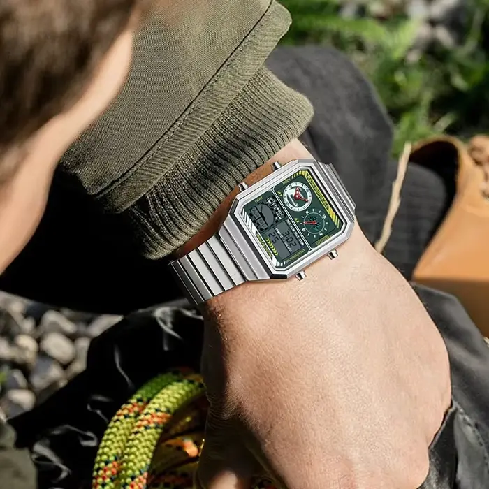 MARK FAIRWHALE montres pour homme 4460 en acier inoxydable tendance cadran carré multifonctionnel réveil lumineux étanche hommes montre