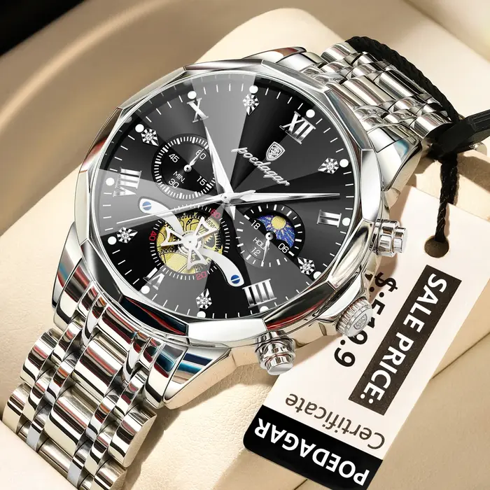POEDAGAR luxe hommes montre haut Original étanche lumineux chronographe homme montre-bracelet en acier inoxydable Quartz