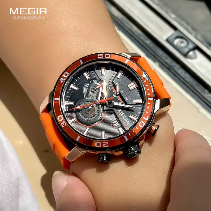 MEGIR montre de Sport Orange pour hommes mode bracelet en Silicone étanche chronographe montre-bracelet à Quartz avec Date automatique aiguilles lumineuses