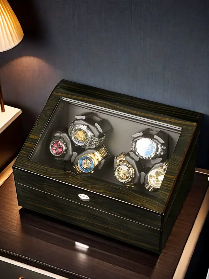 Boîte à montres automatiques silencieuse en bois d'ébène de qualité supérieure avec 3/6 emplacements rotatifs + 3/6