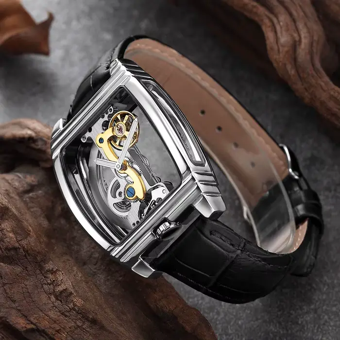 Montre mécanique automatique transparente pour homme, modules Steampunk, Seton Gear, cuir à remontag