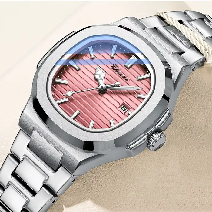 CHENXI 8222 montre à Quartz pour femme cadran rayé rose avec calendrier lumineux bracelet en acier inoxydable montre-bracelet pour fille cadeau
