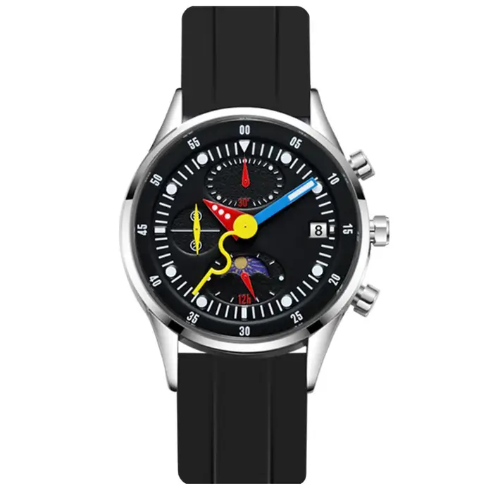 Montre à quartz multifonctionnelle pour homme avec phases lunaires et aiguilles colorées