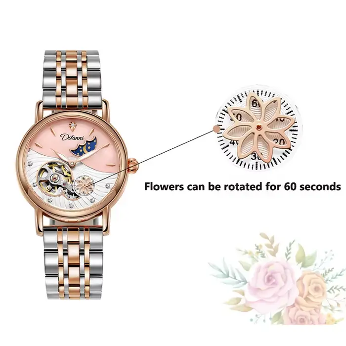 Montre mécanique automatique élégante pour femme avec phase de lune et résistance à l'eau pour occasions spéciales et collection