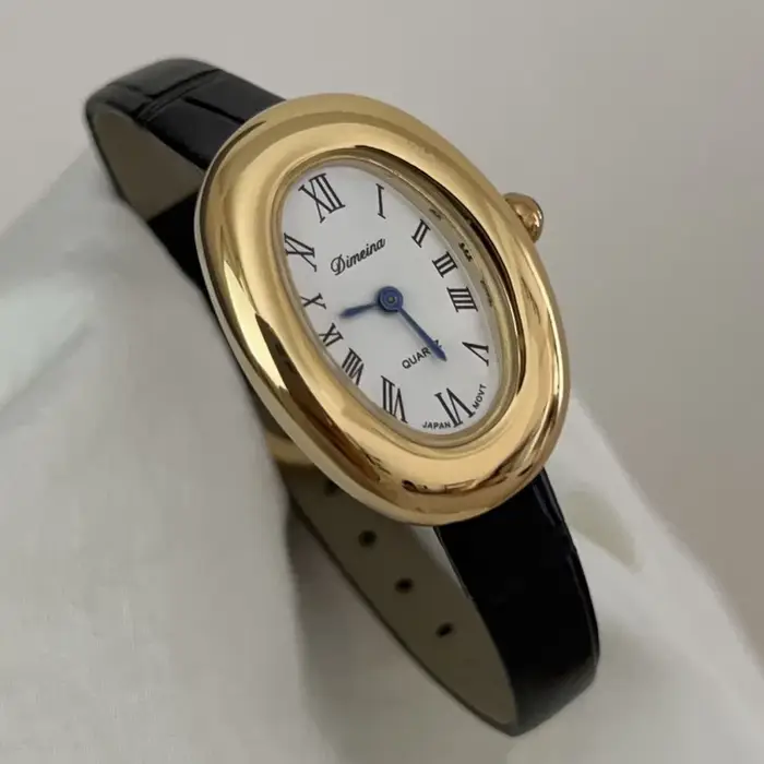 Montre Dimeina Femmes Quartz Forme Ovale Acier Inoxydable Bracelet Cuir Noir Occasions Spéciales