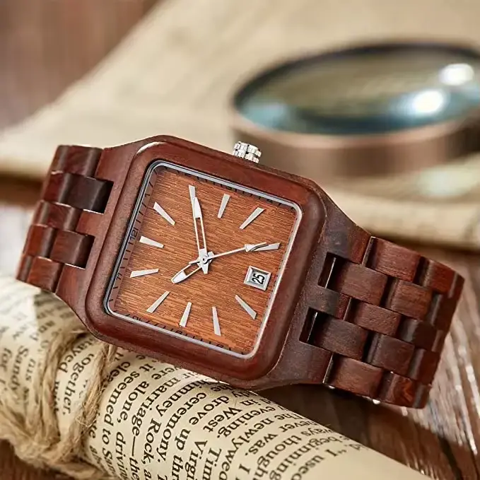 Montre homme en bois carré créative quartz élégante pour occasions spéciales montres homme mode militaire rétro quartz montres bois hommes affaires exquis cadeau homme