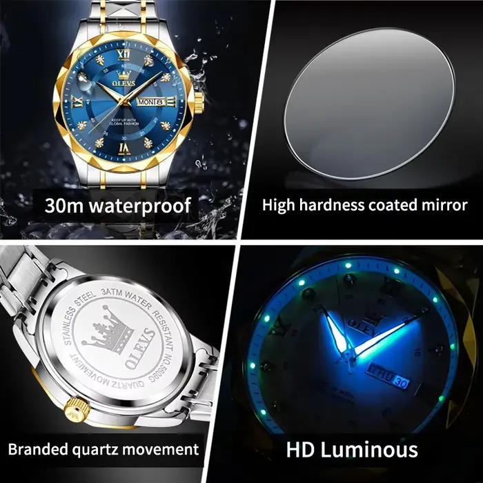 Montre OLEVS Quartz Lumineuse Élégante avec Affichage de la Semaine et Calendrier Complet Occasions Spéciales pour Hommes