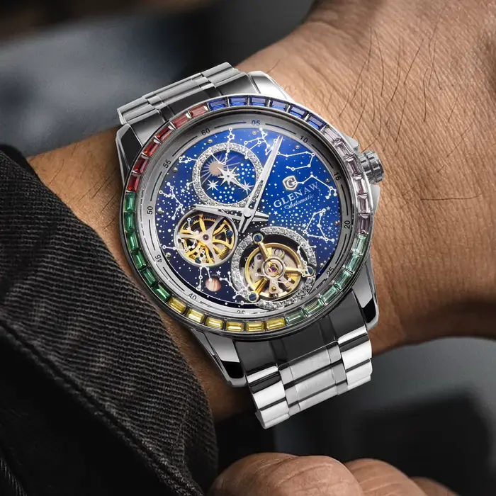Montre GLENAW Design 2026 Constellation Dial Arc-en-Ciel Lumineuse et Étanche pour Hommes Occasions Spéciales