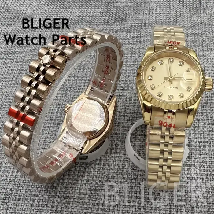 BLIGER 26mm montre mécanique pour femme cadran entièrement en or/or Rose index diamant verre saphir bracelet en acier inoxydable mouvement NH05