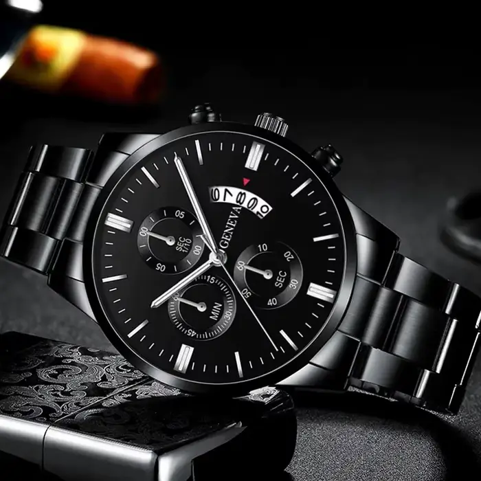 Mode hommes montres de luxe noir en acier inoxydable Quartz montre-bracelet homme montre d'affaires