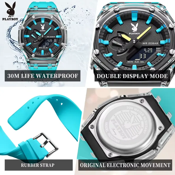 Montre de luxe PLAYBOY homme bracelet caoutchouc résistante à l'eau analogique-digital occassions spéciales