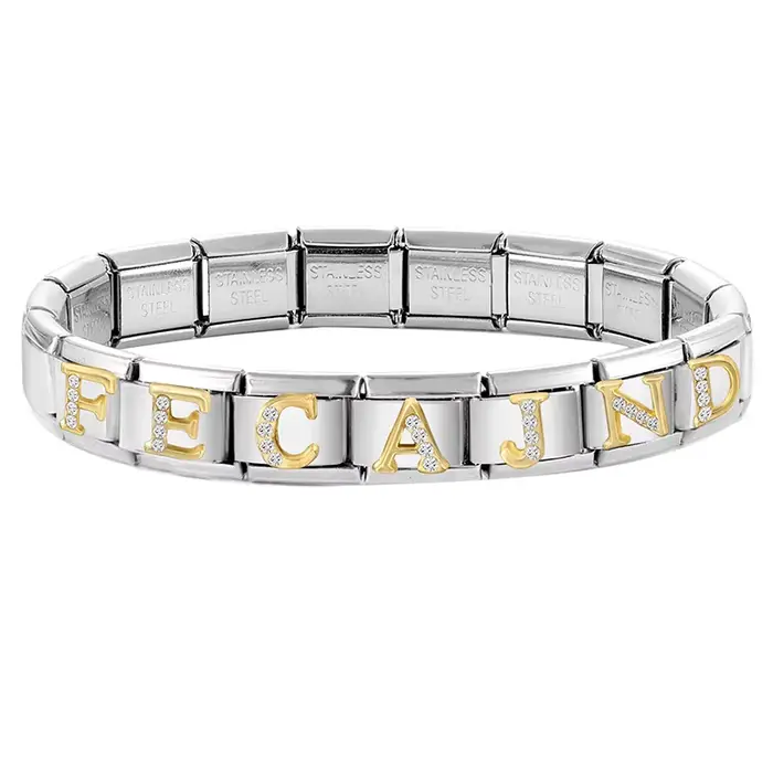Bracelet italien à 26 lettres anglaises breloque en acier inoxydable couleur or incrusté de zircone élégant à offrir pour femmes occasions spéciales