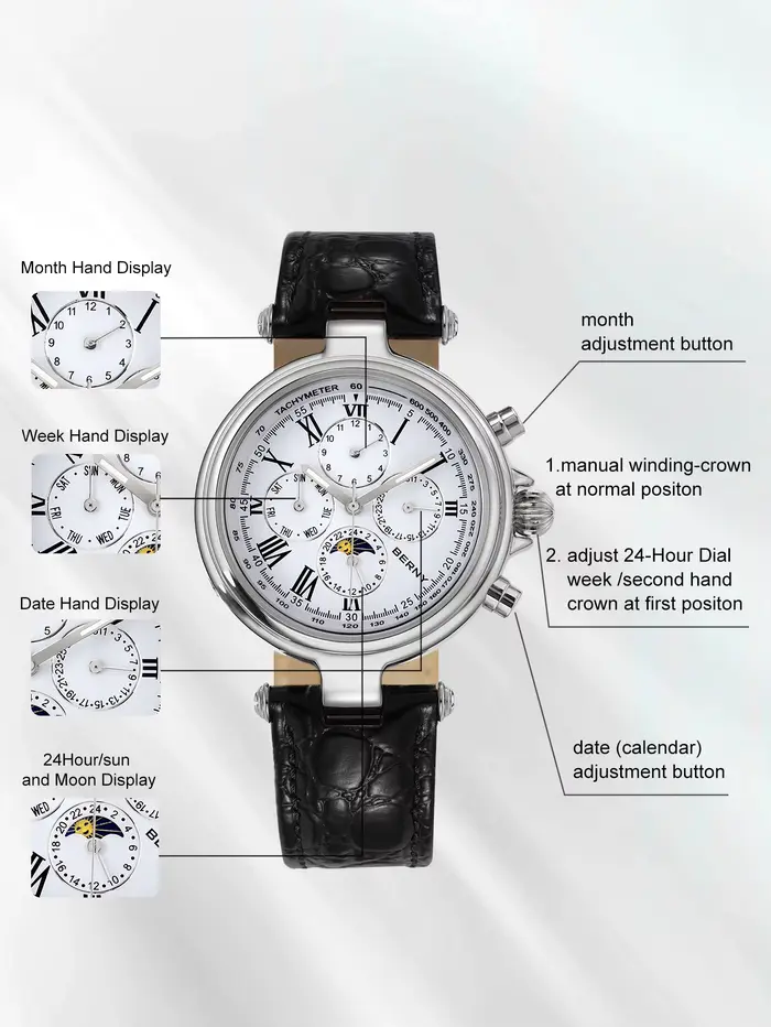 Montre automatique homme BERNY avec mouvement automatique à remontage automatique et bracelet en cuir pour occasions sportives et élégantes