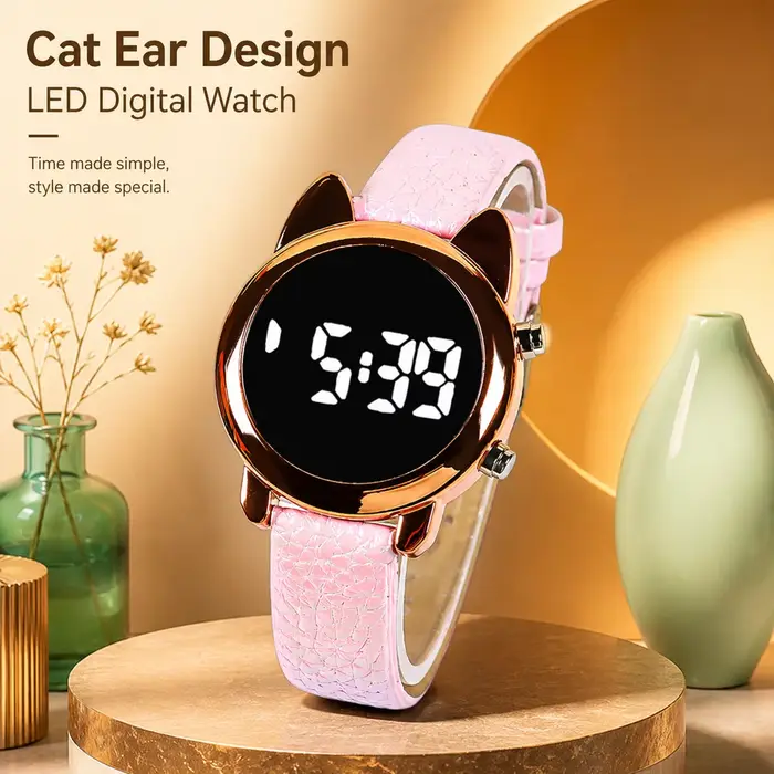 Montre numérique LED avec design oreilles de chat, boîtier en or rose et bracelet brillant gaufré pour femmes occasions spéciales et tenues quotidiennes