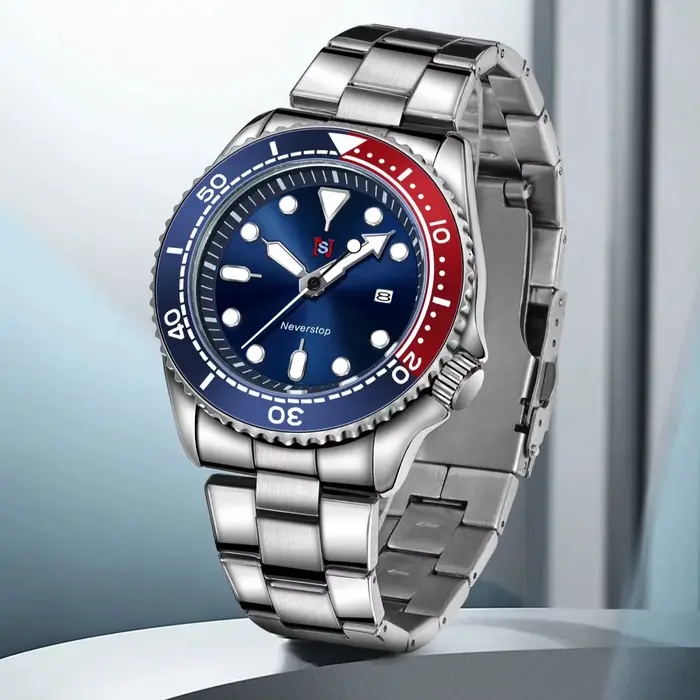 Montre de sport pour hommes NS | Cadran et marqueurs multicolores à haut contraste, lunette en céramique, bande en acier inoxydable, Style polyvalent