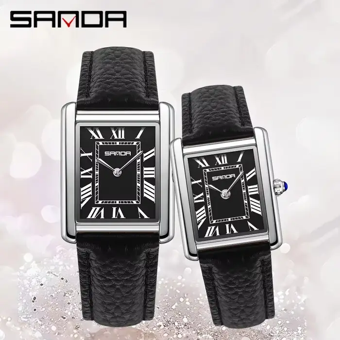 SANDA Couple réservoir montres résistant à l'usure bracelet en cuir de luxe cadran carré 30M étanche sport décontracté