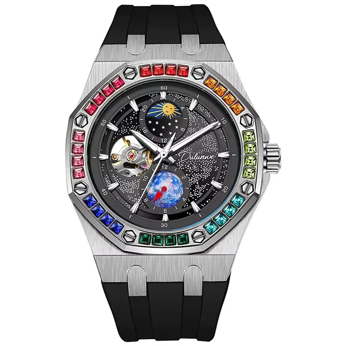 Montre mécanique automatique avec lunette en pierres précieuses arc-en-ciel pour hommes, boîtier en 