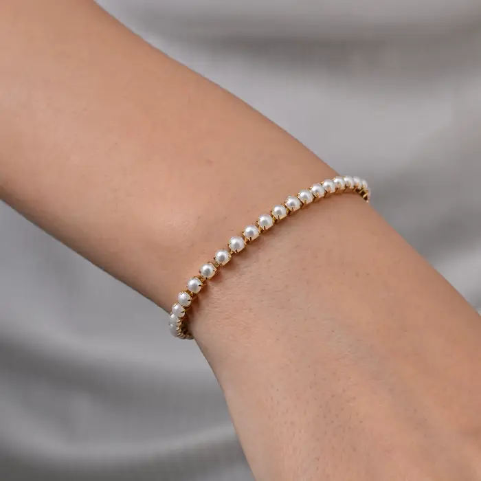 Bracelet de tennis moderne en perles pour femme, plaqué or 18 carats, en acier inoxydable, avec mail