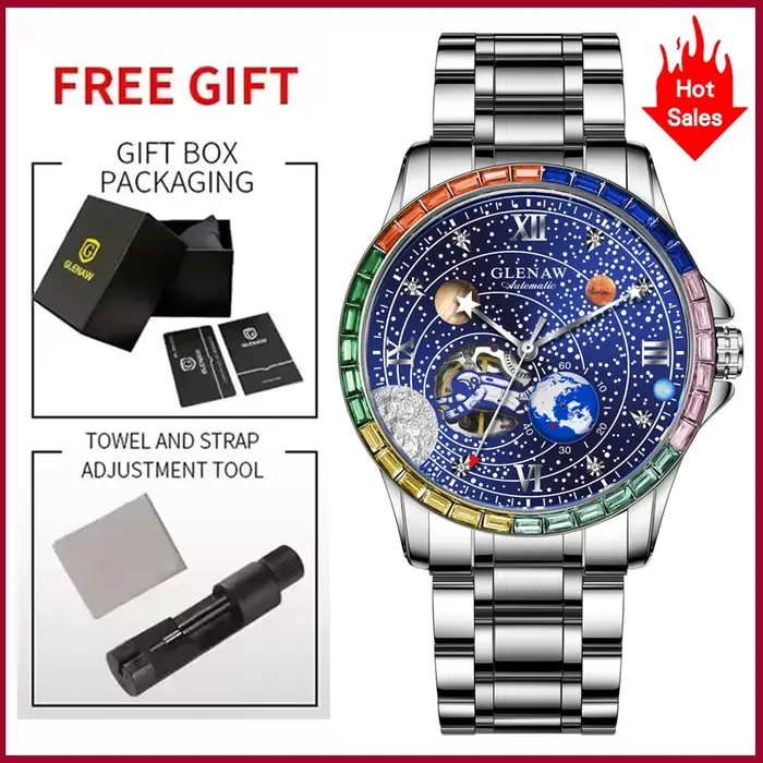 GLENAW Nouvelle Montre Mécanique Rotative Homme Cadran Astronaute Espace Lumière Nocturne Étanche Bracelet Acier