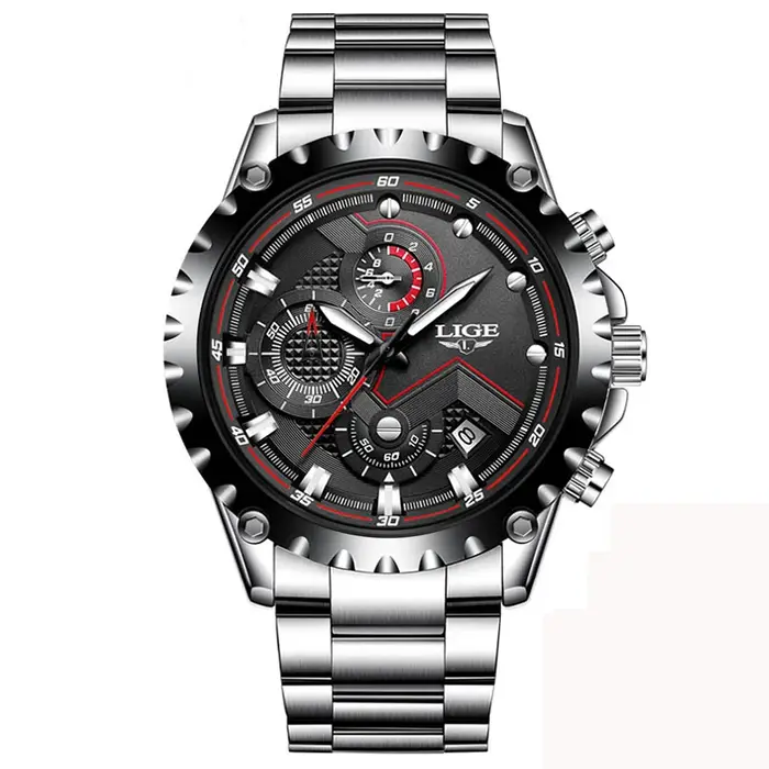 Montre LIGE en acier inoxydable avec fonction de chronomètre et résistance à l'eau pour homme, affaires, sport et occasions spéciales