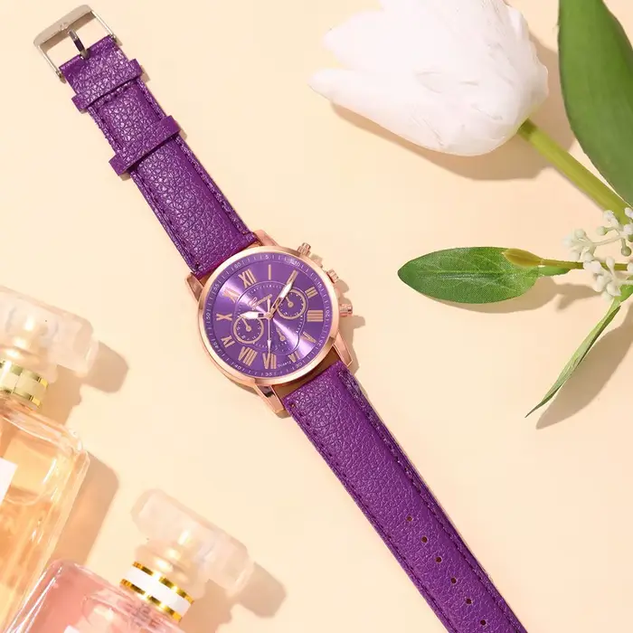 Reloj Mujer Mode Femmes Montres Dames Violet En Cuir Quartz Montre-Bracelet