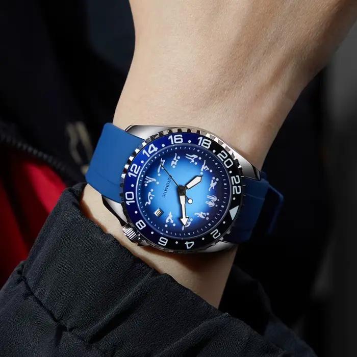 Montres mécaniques automatiques homme bracelet silicone lumineuses avec calendrier complet pour occasions spéciales et sportives