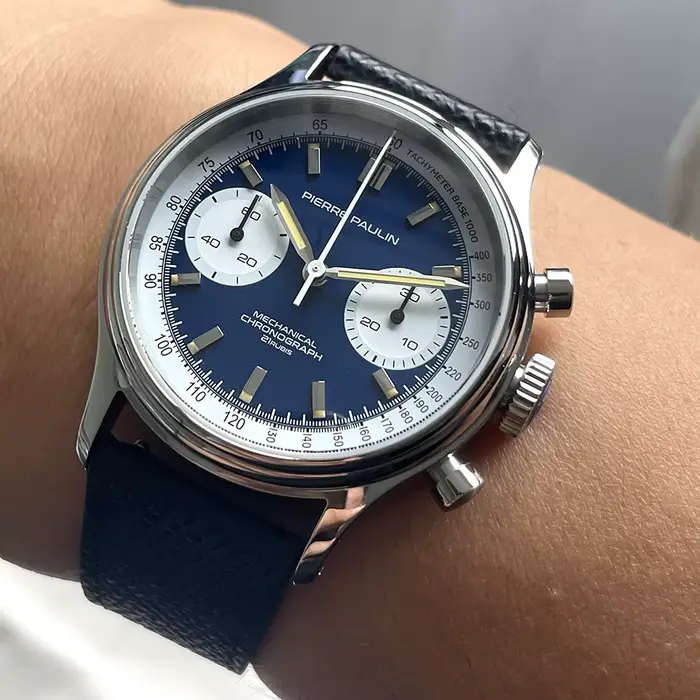 PIERRE PAULIN rétro années 70 Vintage Panda Style chronographe mécanique hommes complicé 38MM bleu luxe classique montre-bracelet
