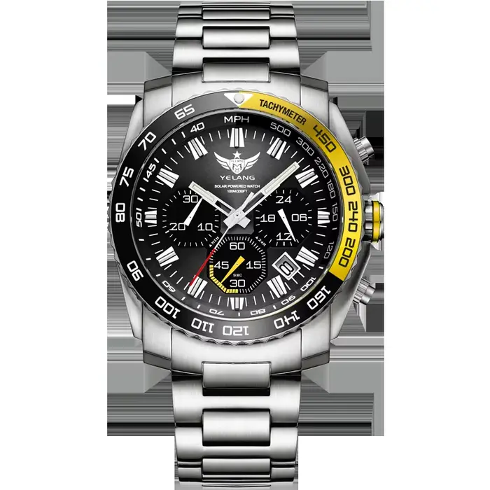 Montre YELANG homme militaire 44mm plongeur Eco-Drive résistante à l'eau avec tubes lumineux acier inoxydable pour occasions spéciales et plongée